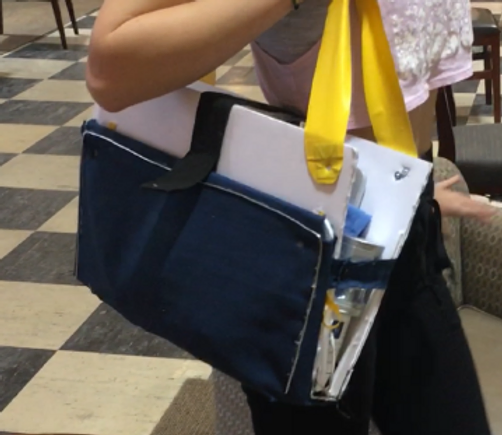 The prototype bag being worn by Elise in the Library.