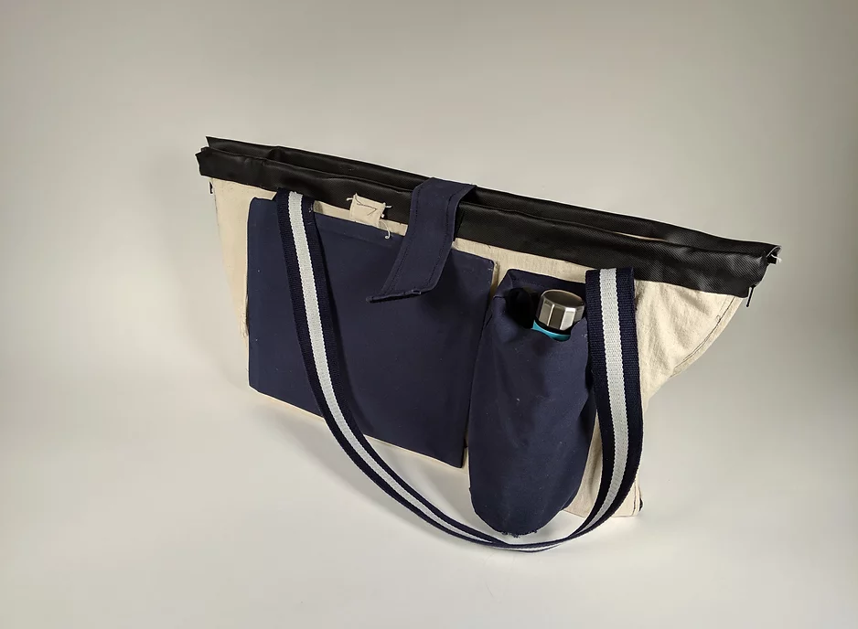 The prototype bag sitting upright against a white background.