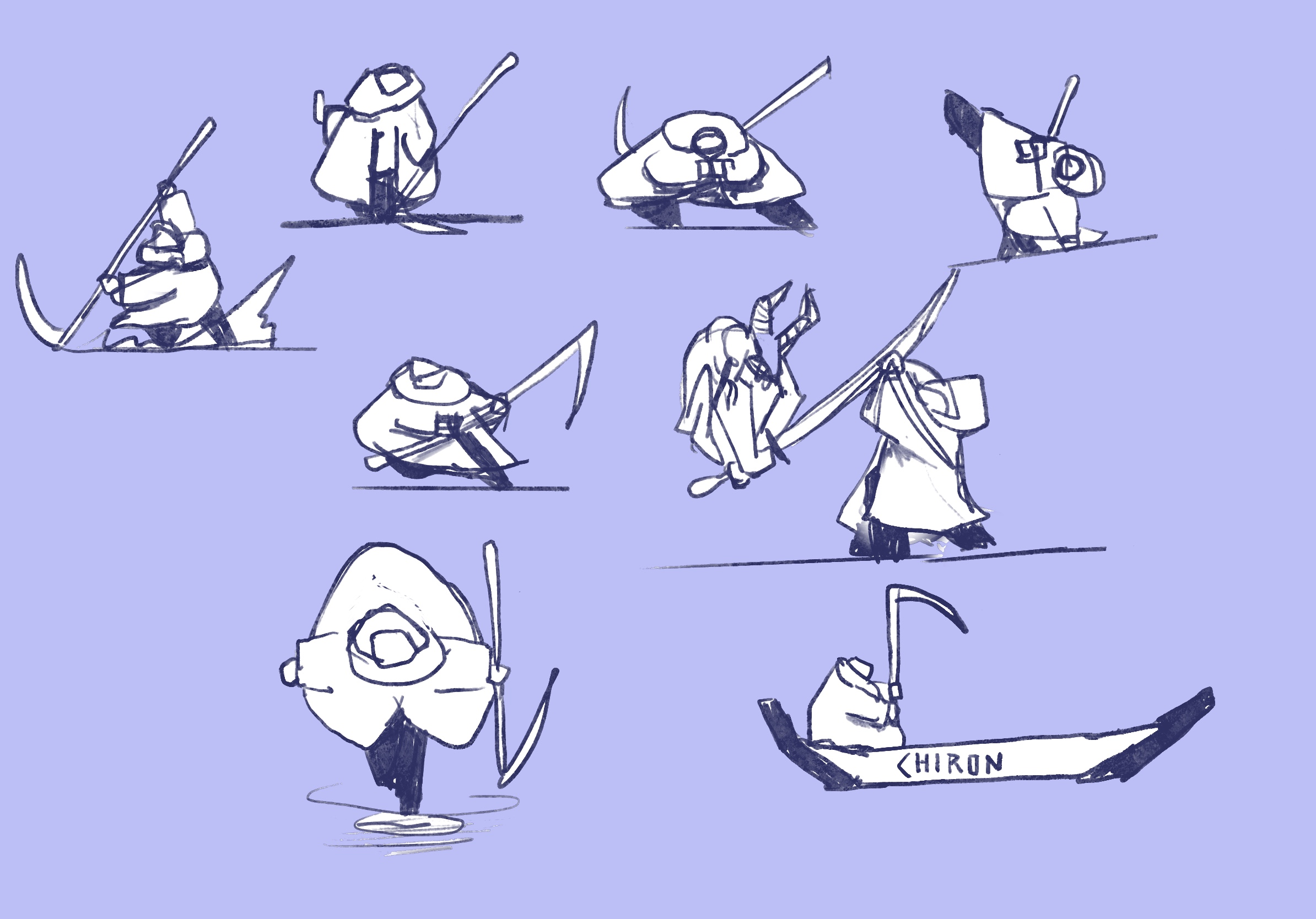 some sketches of movement and posture of a cloaked figure with a scythe.