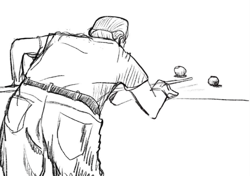 A hand-drawn black and white illustration of my grandfather bending over a pool table.
