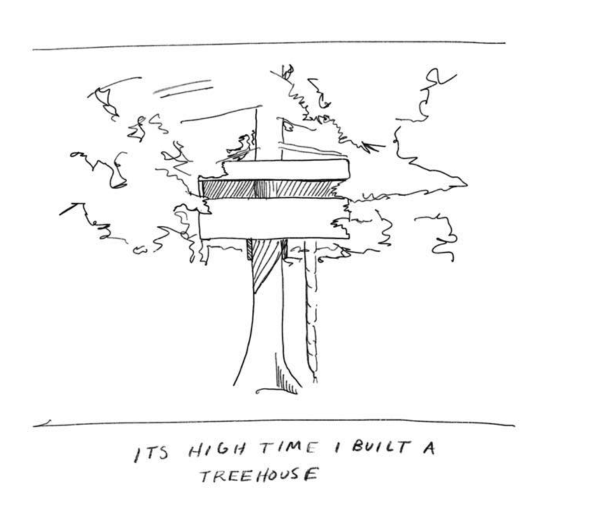 A hand-drawn sketch of a simple treehouse recessed amongst the leaves against the trunk of a tree.