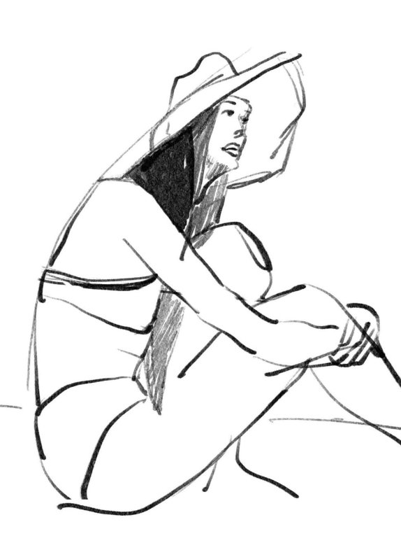 A hand-drawn black and white illustration of my friend Zoe as she sits at the beach.
